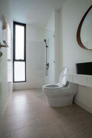 Shower, free toiletries, hair dryer, towels