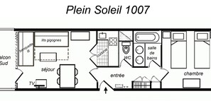 A floor plan of a hotel named Plein Soleil 1007, featuring a balcony, a sitting area, a TV, a dining area, a kitchen, a WC, a bathroom, and a bedroom.
