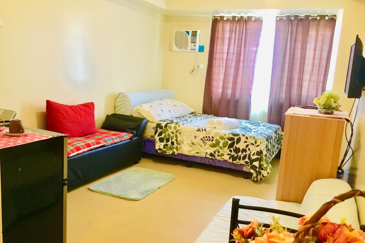 A room with a bed, a sofa, a desk, and a television.