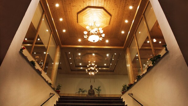 A staircase with wooden steps and a chandelier, leading to a room with a large mirror and potted plants. - Primo Resorts (Manali)