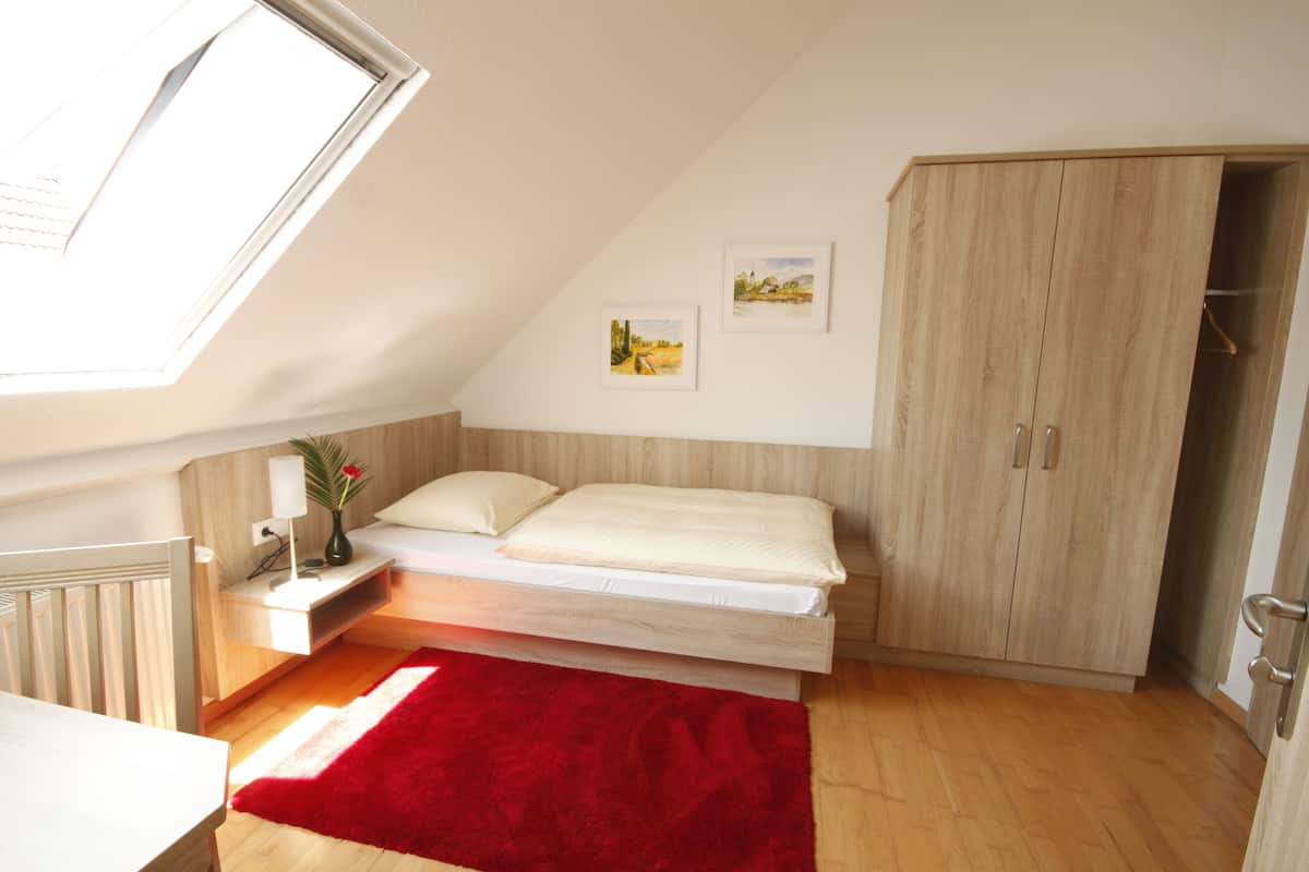 A bedroom with a skylight, a bed, a red rug, wooden flooring, a wardrobe, and two framed pictures on the wall.