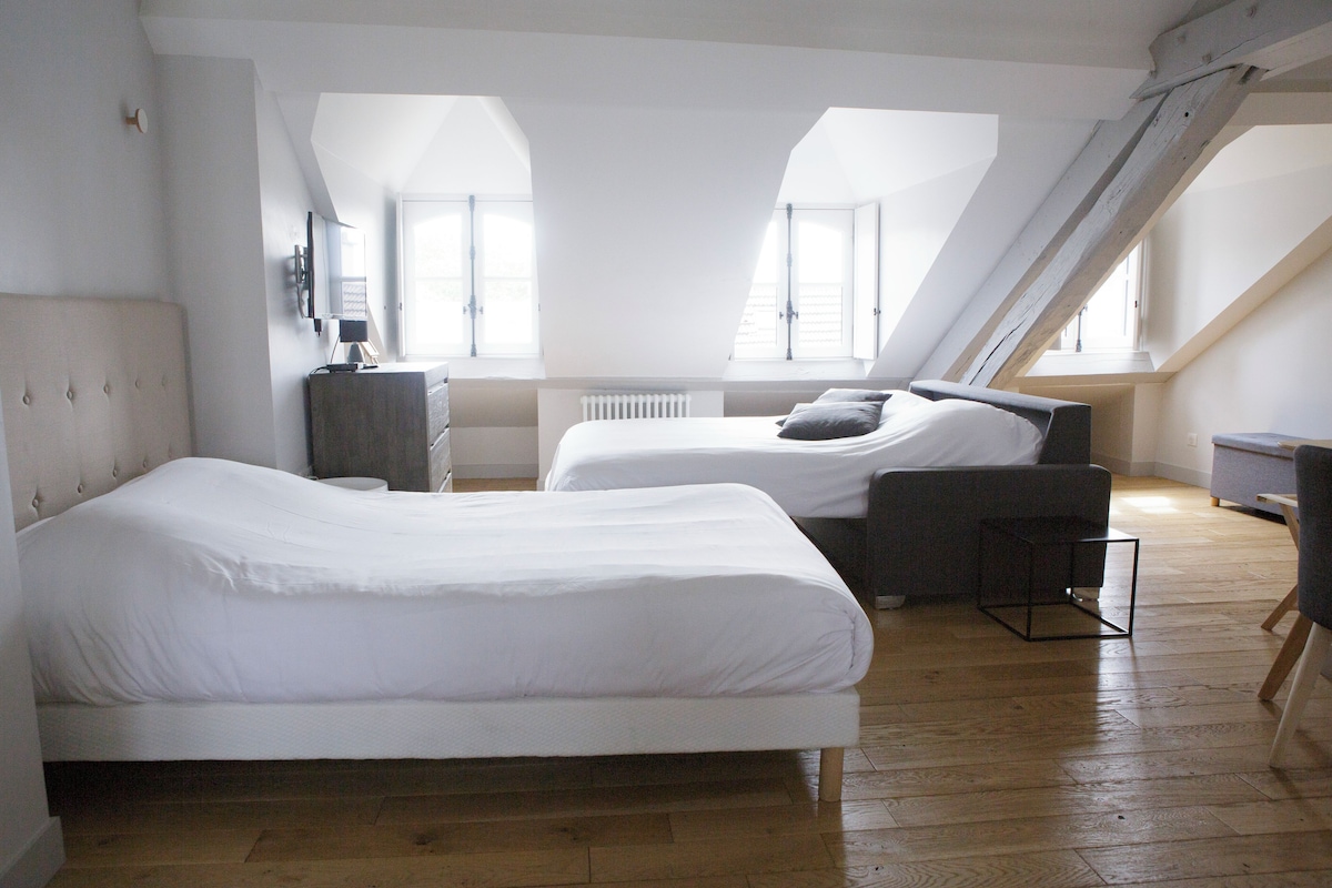 Une chambre avec deux lits, une commode et un bureau. La pièce est dotée d’un plafond en pente et de fenêtres de toit.