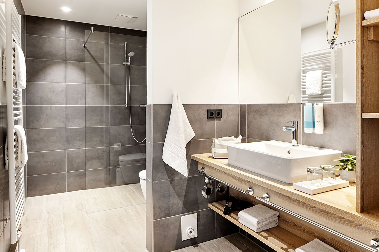 shower, free toiletries, hair dryer, towels