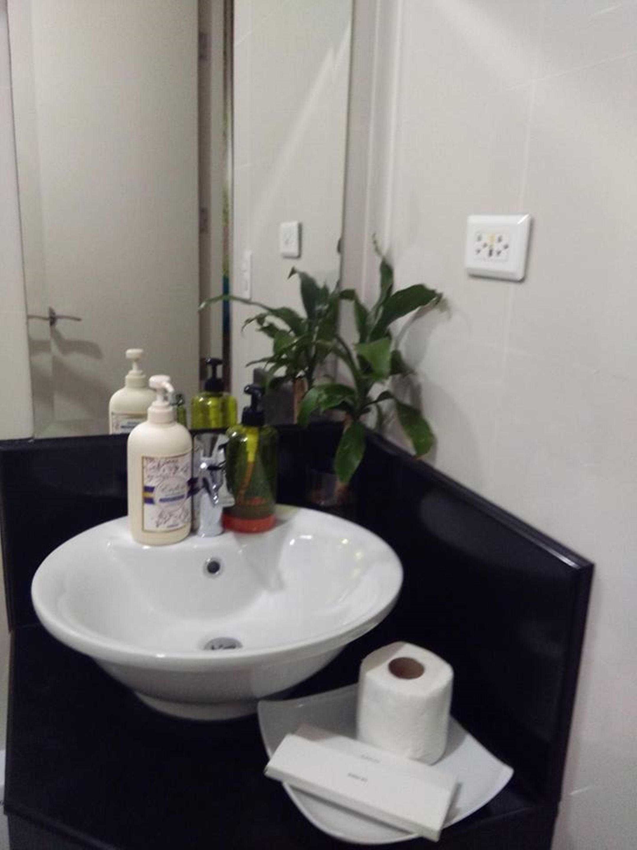 Ein Badezimmer mit Waschbecken, Spiegel, Toilette und einer Topfpflanze.