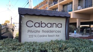 A sign for Cabana Private Residences at 222 N. Carolina Beach Ave. - Stunning ocean front condo with an extraordinary view of the Fabulous Boardwalk! (Carolina Beach)