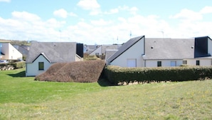 Une rangée de maisons modernes avec des toits inclinés, une pelouse et une haie.