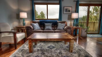 TV connectée, cheminée, livres, chaîne hi-fi