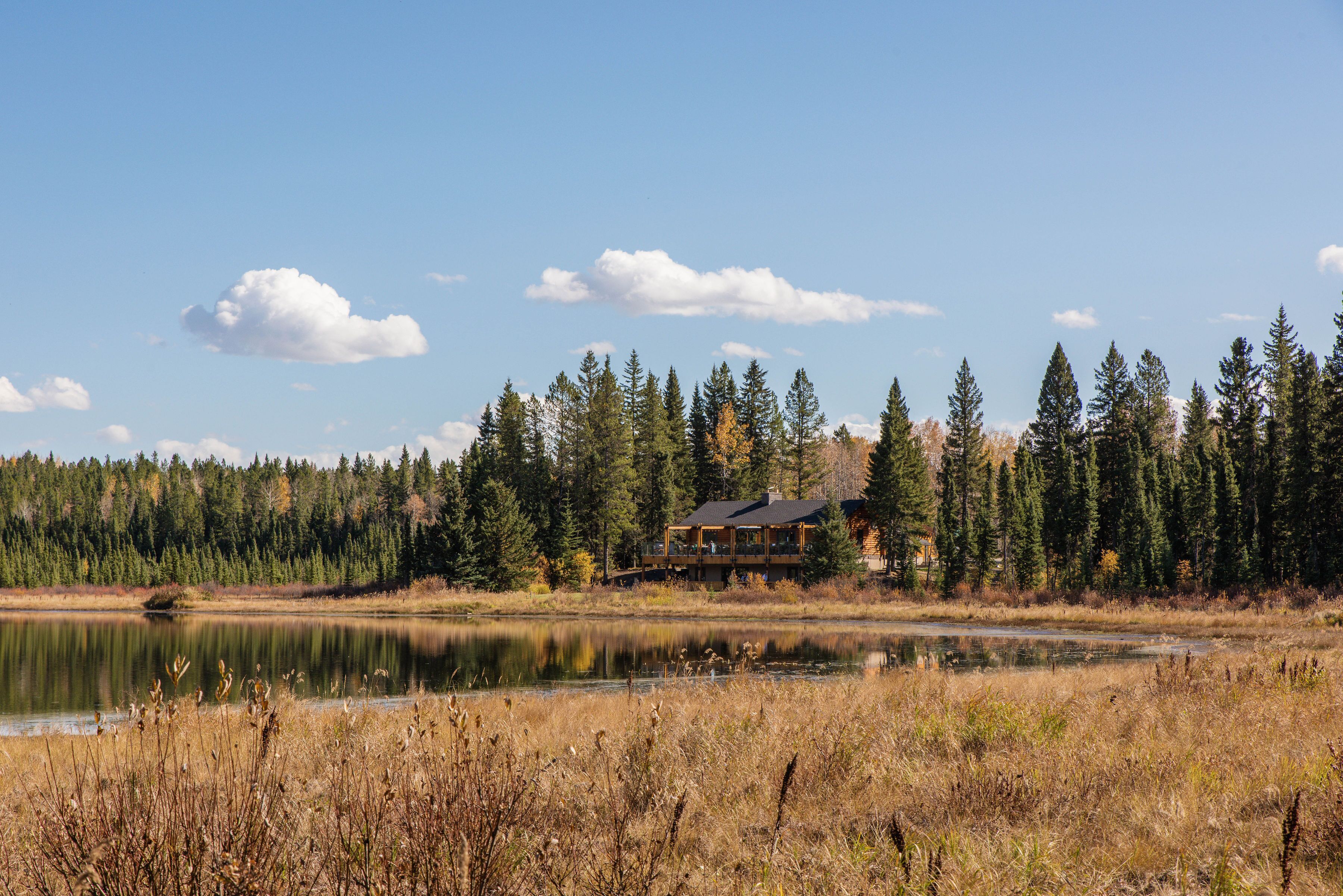 Une cabane au bord d’un lac, entourée d’arbres.