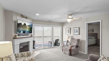 Télévision à écran plat, cheminée, lecteur de DVD