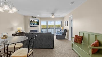 Télévision à écran plat, cheminée, lecteur de DVD