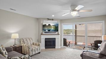 Flat-screen TV, fireplace, DVD player