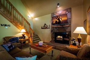 Televisión, chimenea y reproductor de DVD 
