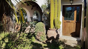 A courtyard with a cactus, a wooden door, and a tiled roof. - Villa with garden (Castel Volturno)