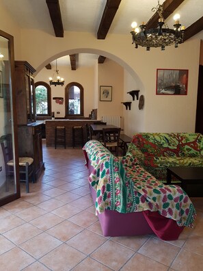 Flatscreentelevisie, een open haard en boeken