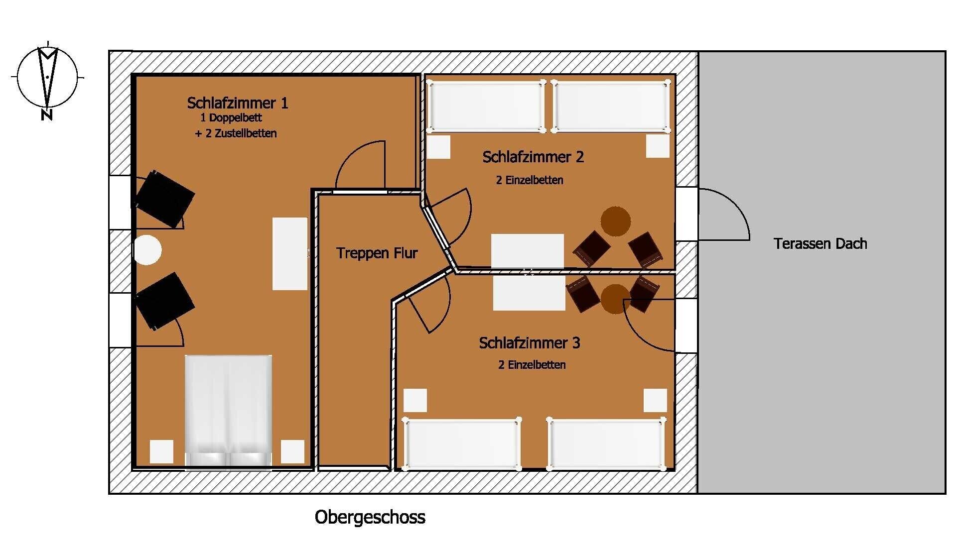 A floor plan with three bedrooms, a bathroom, a terrace, and a dining area.