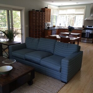 TV, DVD player, video library, stereo