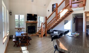 Smart TV, fireplace, DVD player, books