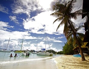 A beach with boats, palm trees, and a clear sky. - Residence Theresa  Mon Choisy Mauritius (Mont Choisy)