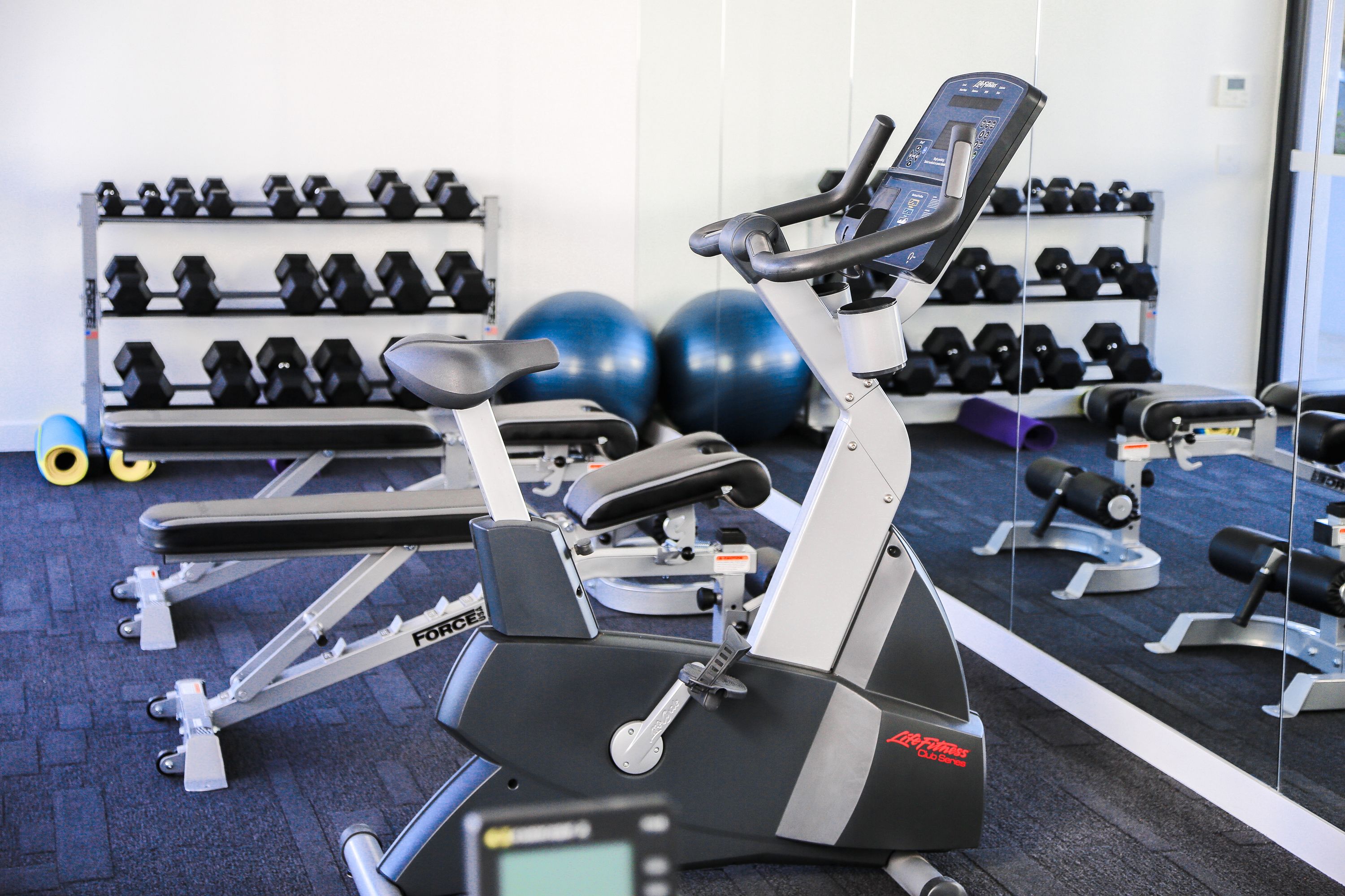 A gym with cardio equipment, dumbbells, and exercise balls.