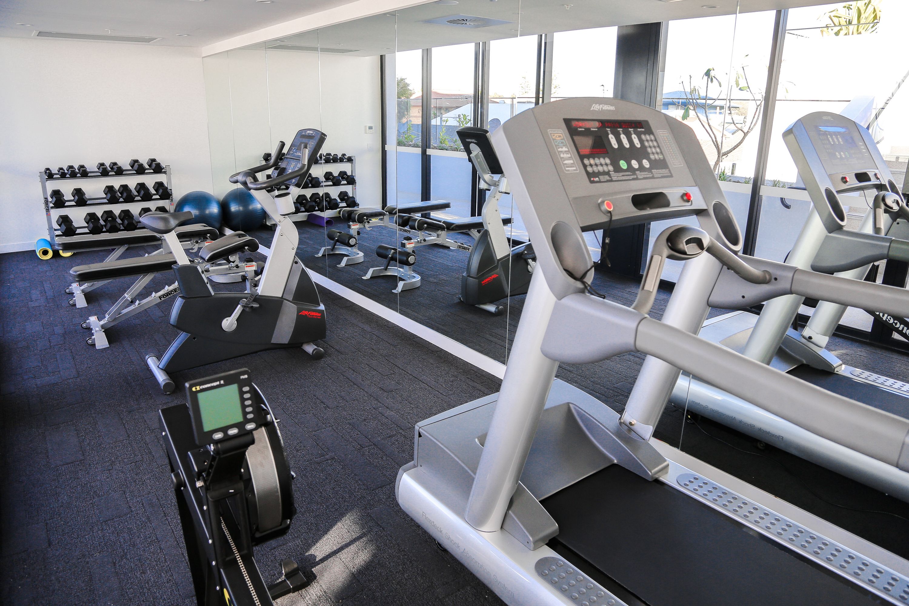 Un gimnasio con cintas de correr, máquinas de pesas y pesas sueltas.