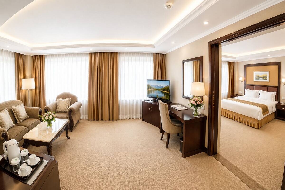 A hotel room with a bed, a desk with a computer, a sofa, and a coffee table.
