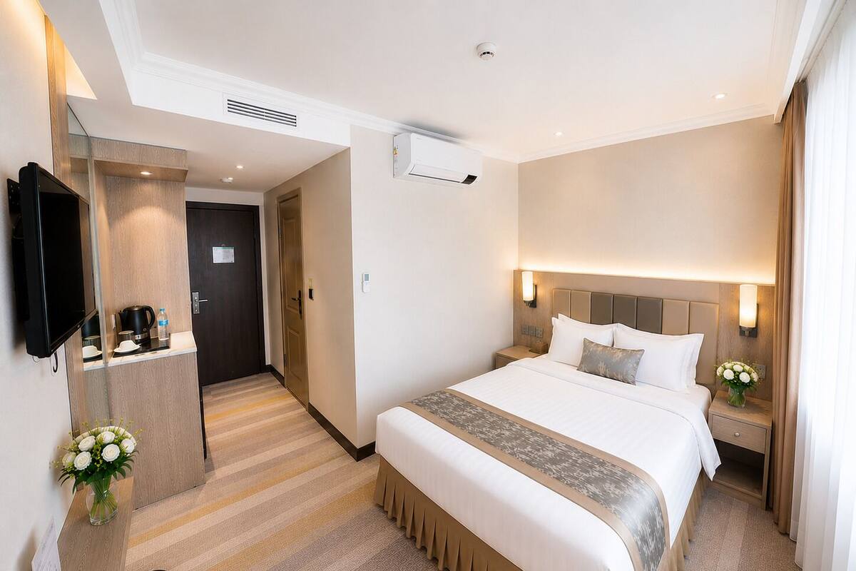 A hotel room with a large bed, bedside tables, a TV, an air conditioning unit, and a small bathroom.
