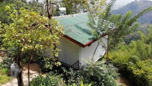 Un pequeño edificio de una sola planta con techo verde, rodeado de abundante vegetación y colinas al fondo.