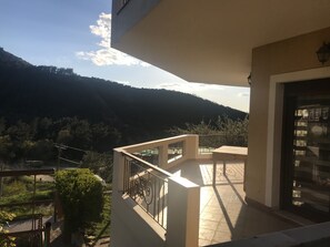 Un balcón con vista a un paisaje montañoso.