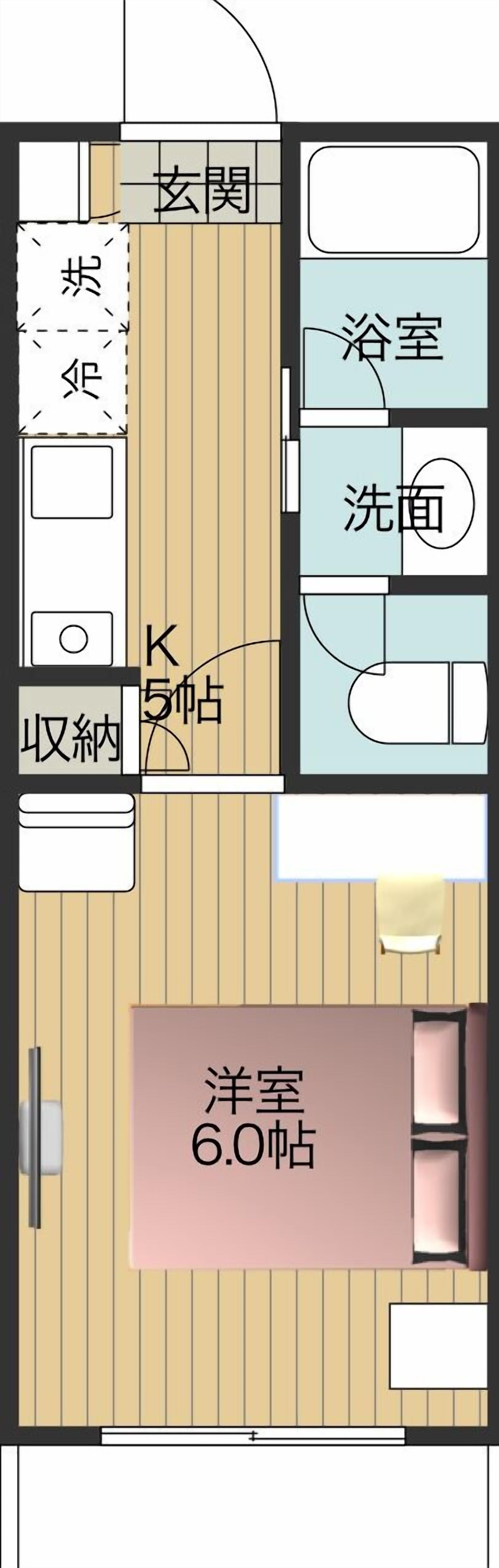 Plano de planta de un hotel que muestra una sala de estar, un baño, una cocina y un dormitorio.