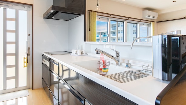 Eine moderne Küche mit einem Edelstahl-Kühlschrank, einer Spüle mit zwei Waschbecken und einem Fenster mit Blick auf die Stadt.