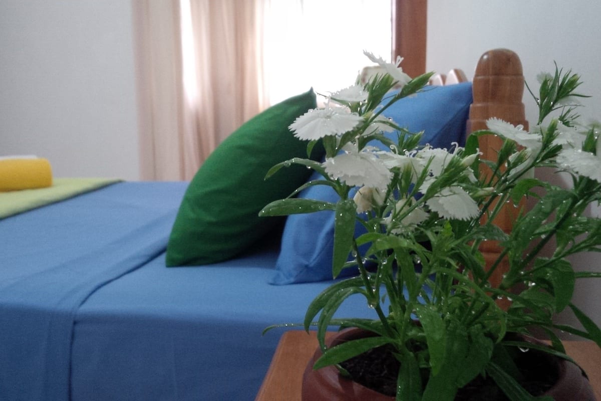 A bed with blue bedding, a green pillow, and a yellow towel. There is a potted plant with white flowers on the bed.