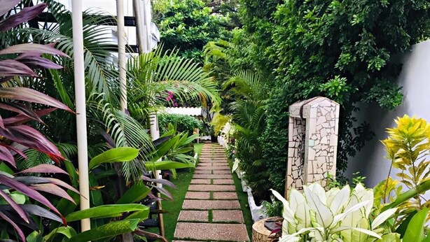 Uma trilha de pedra ladeada por plantas tropicais exuberantes e uma estrutura de pérgula branca.