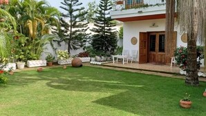 Um jardim bem cuidado, com gramado, plantas em vasos e uma porta de madeira.
