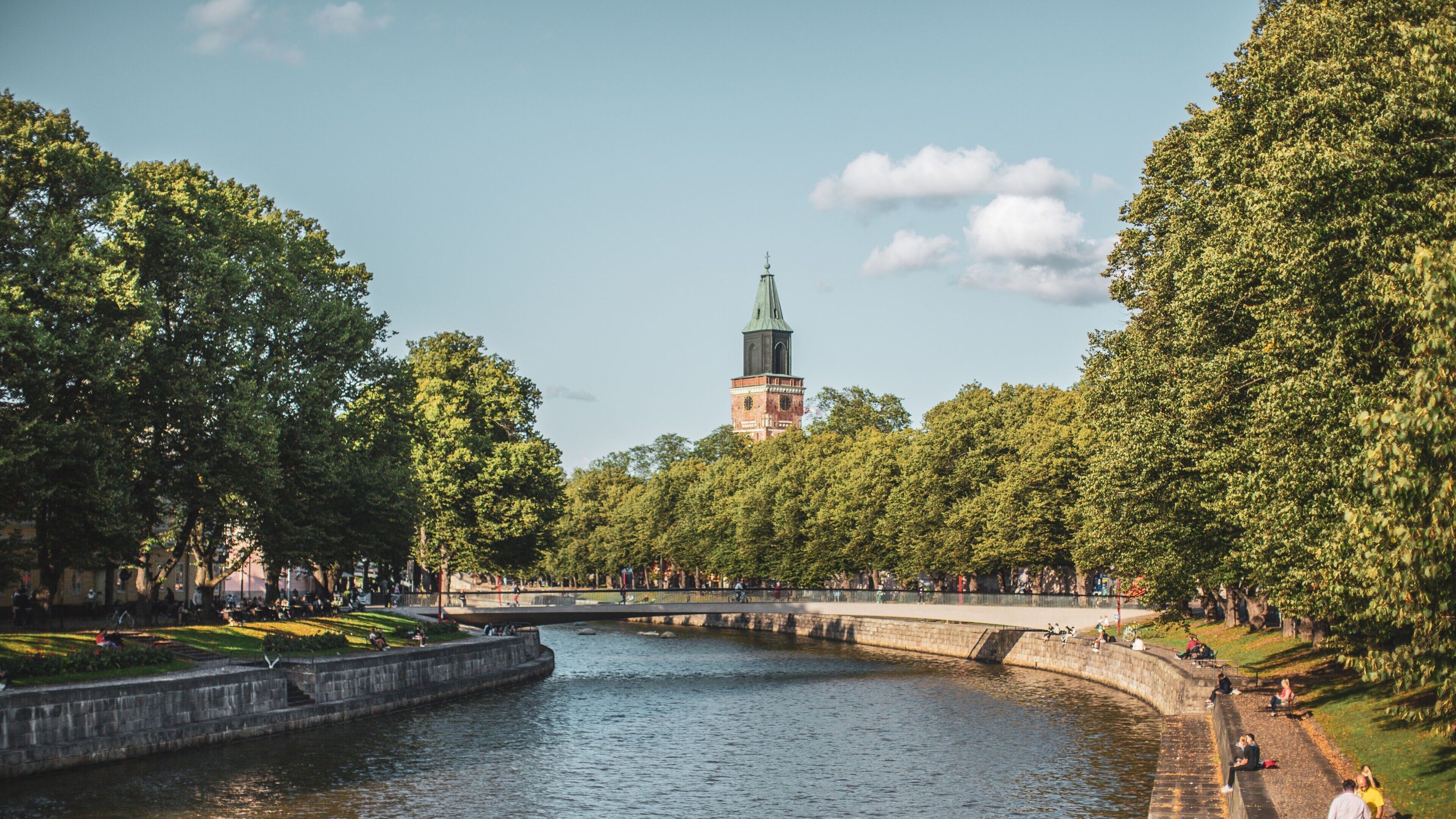 A riverside park with a bridge, trees, and a tower in the background.