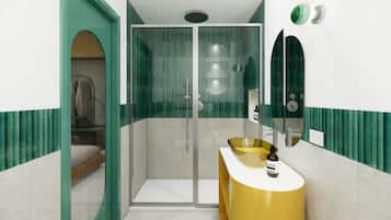 Shower, rainfall showerhead, bidet, towels