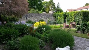Un jardin avec un mur de pierre, différentes plantes et un petit chien.