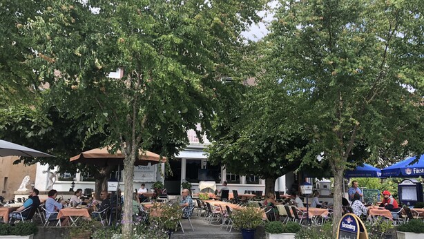 An outdoor café with tables and chairs under trees, surrounded by flower beds and a signboard. - Hotel Kreta (Ueberlingen)
