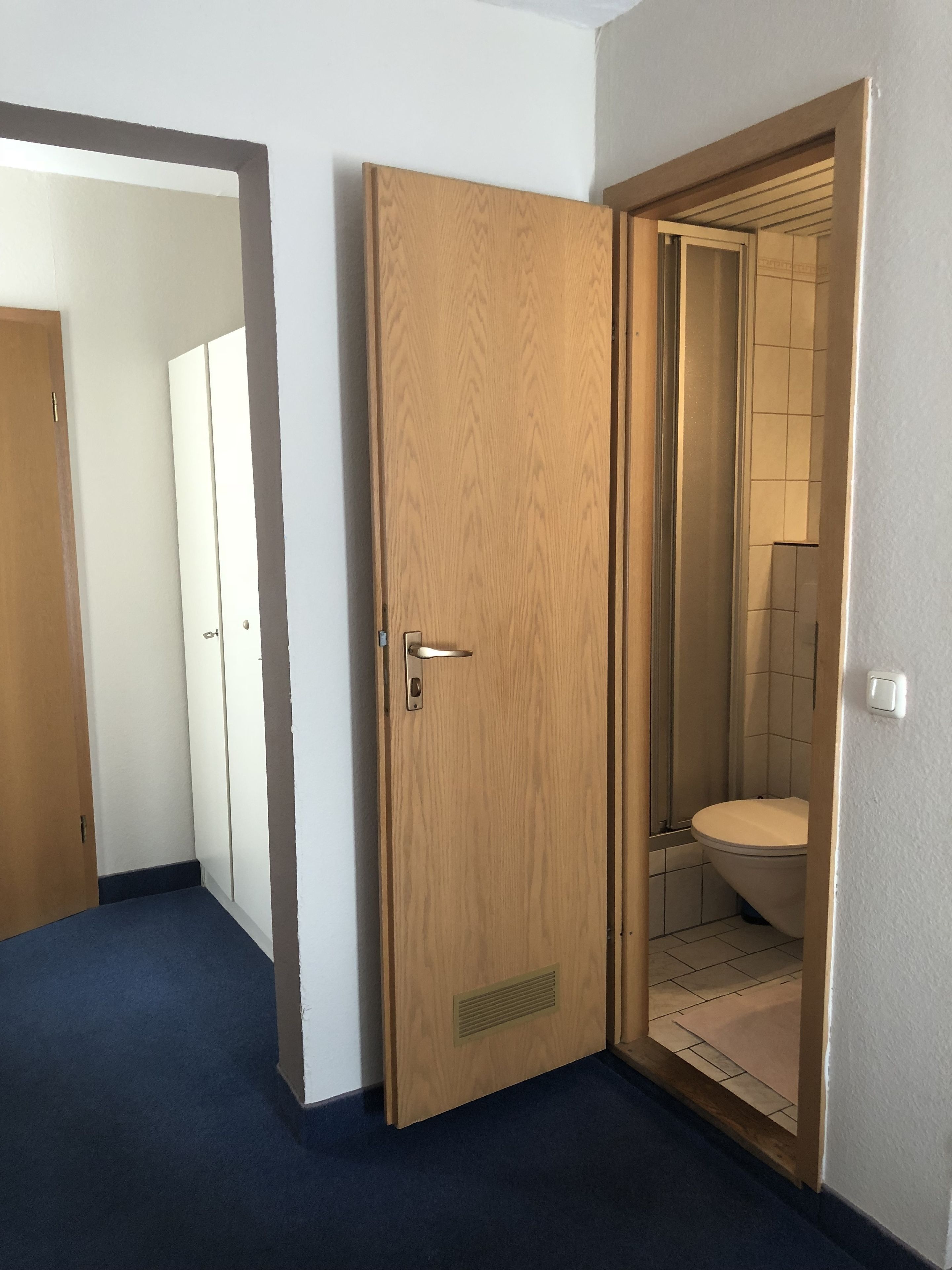 Een kamer met een houten deur, een zichtbaar toilet en een blauw vloerkleed.
