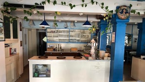 A kitchen with a central island, blue and white color scheme, hanging plants, and a variety of kitchenware. - Hotel Kreta (Ueberlingen)