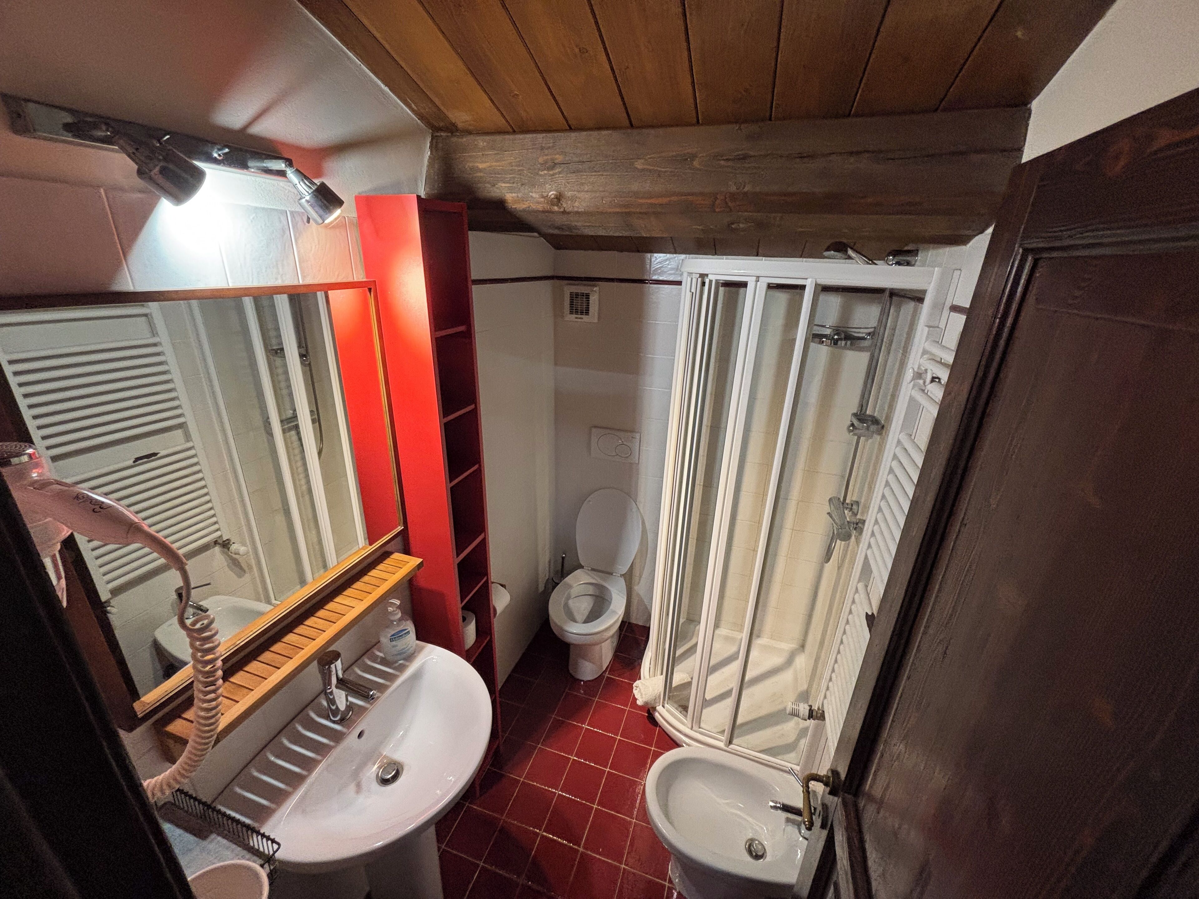 Een kleine badkamer met een wastafel, toilet en douche.