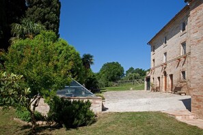 Une cour avec un bâtiment, une structure en verre et un arbre.