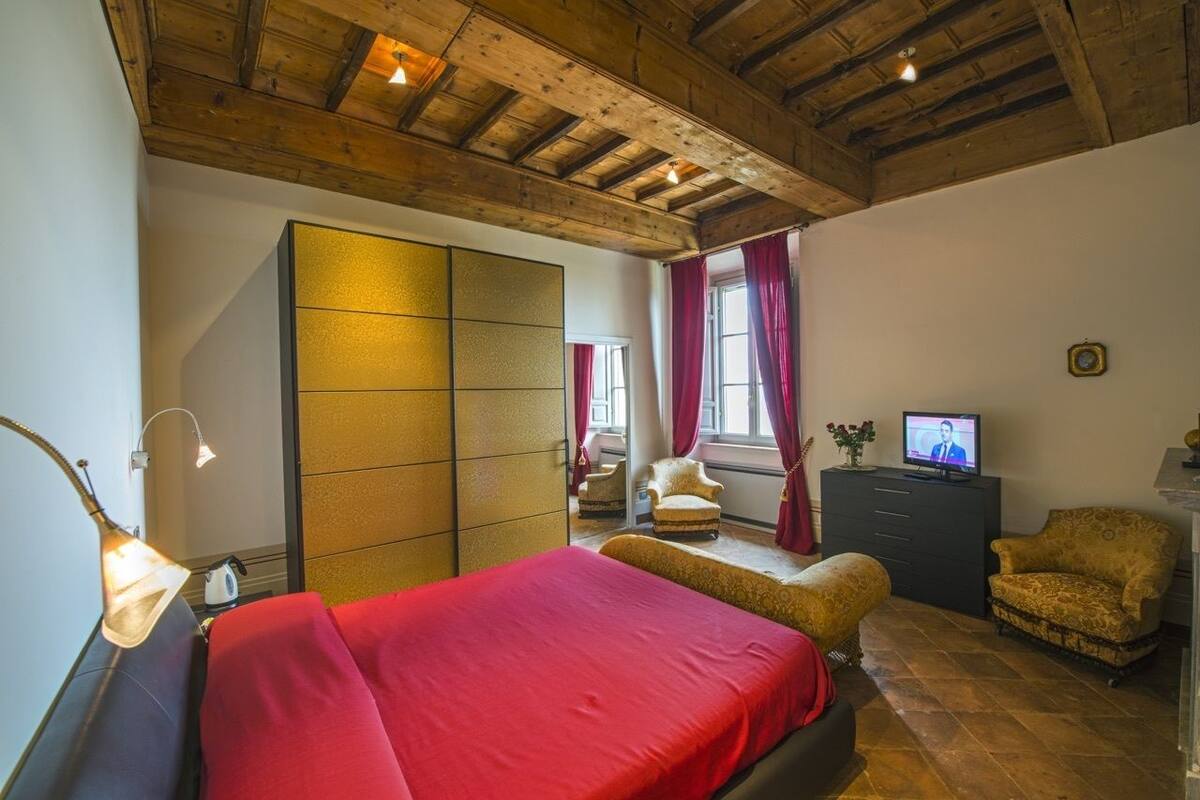 Un dormitorio con cama, armario, televisor y silla.
