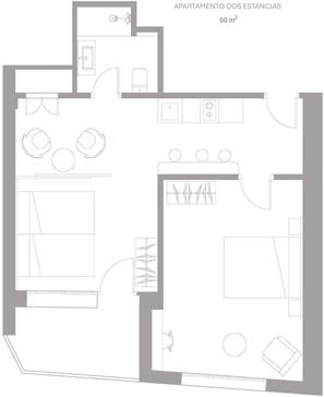 A 50 m² apartment layout with a kitchen, dining area, two bedrooms, and a bathroom. - Hotel Mogay (Chantada)