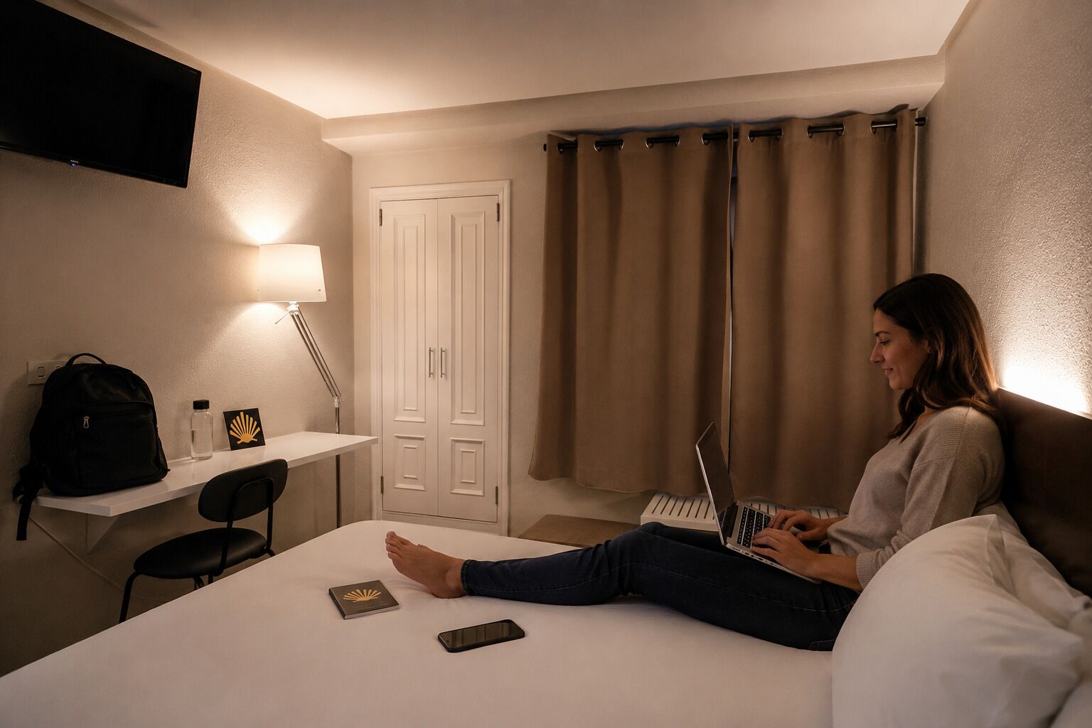 Quarto de hotel com cama, escrivaninha com laptop, cadeira, televisão, porta e cortinas.