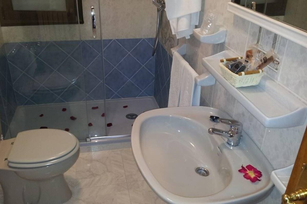 Un baño con inodoro, lavabo y zona de ducha.