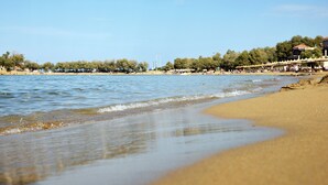 A beach with a sandy shore, a calm sea, and a line of trees in the background. - Iolkos Hotel Apartments (Chania)
