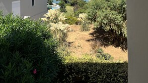 A view of a house with a red-tiled roof, a white door, and a satellite dish. There is a garden with various plants and a dirt path leading to a pool area. - Iolkos Hotel Apartments (Chania)