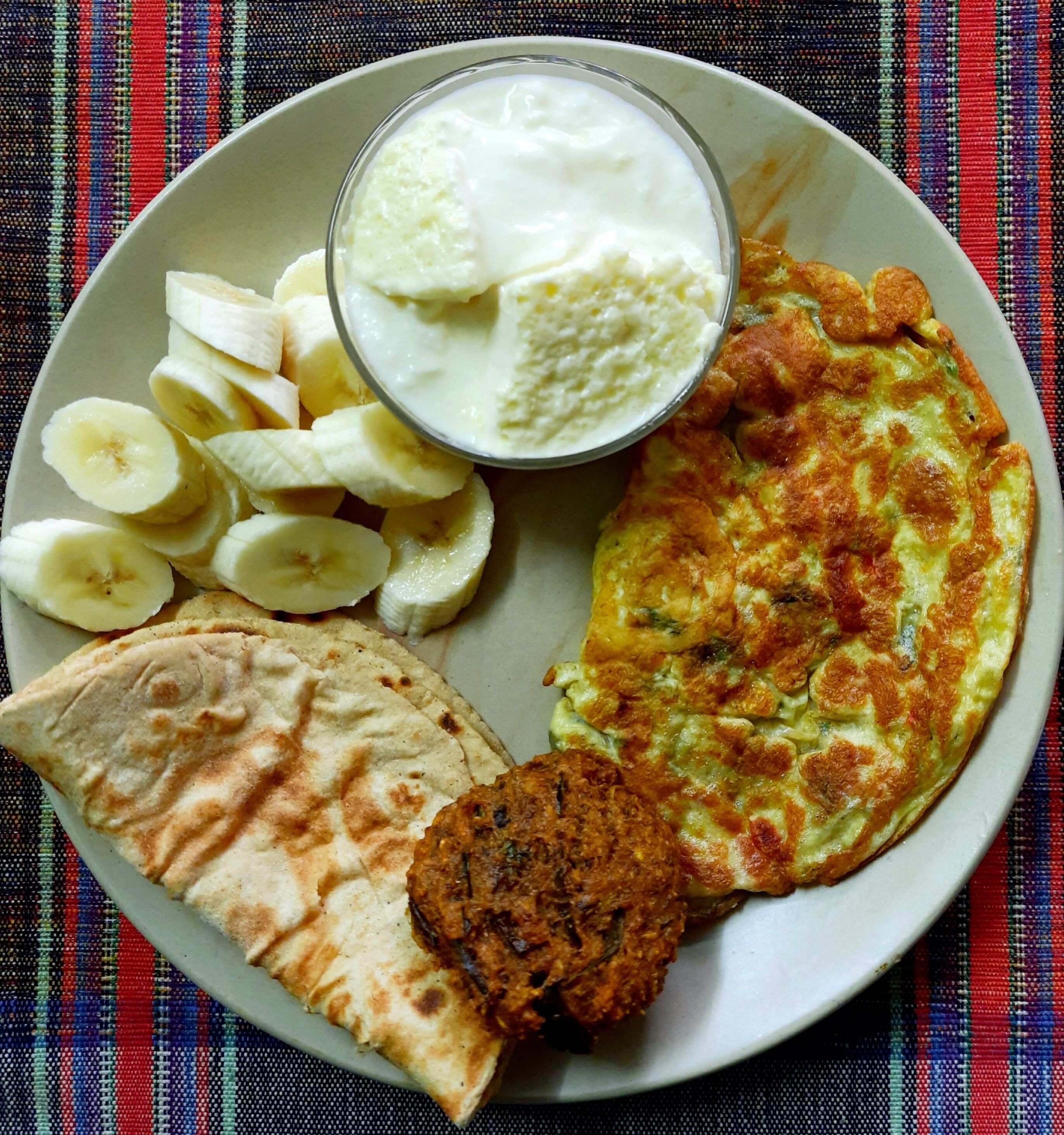 Une assiette contenant une portion d’omelette, un morceau de pain plat, des tranches de banane et un bol de yaourt.