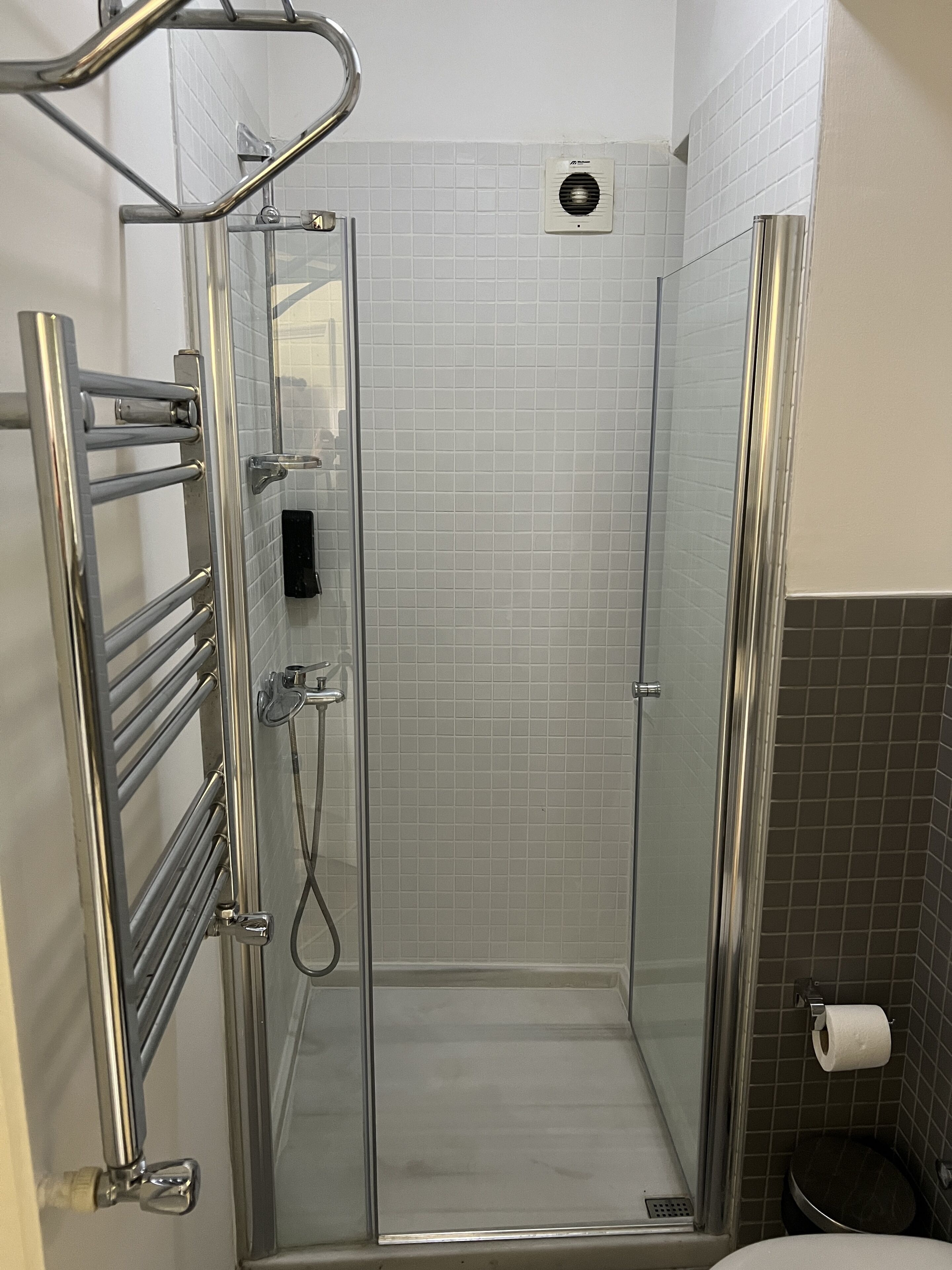 shower, hair dryer, slippers, towels