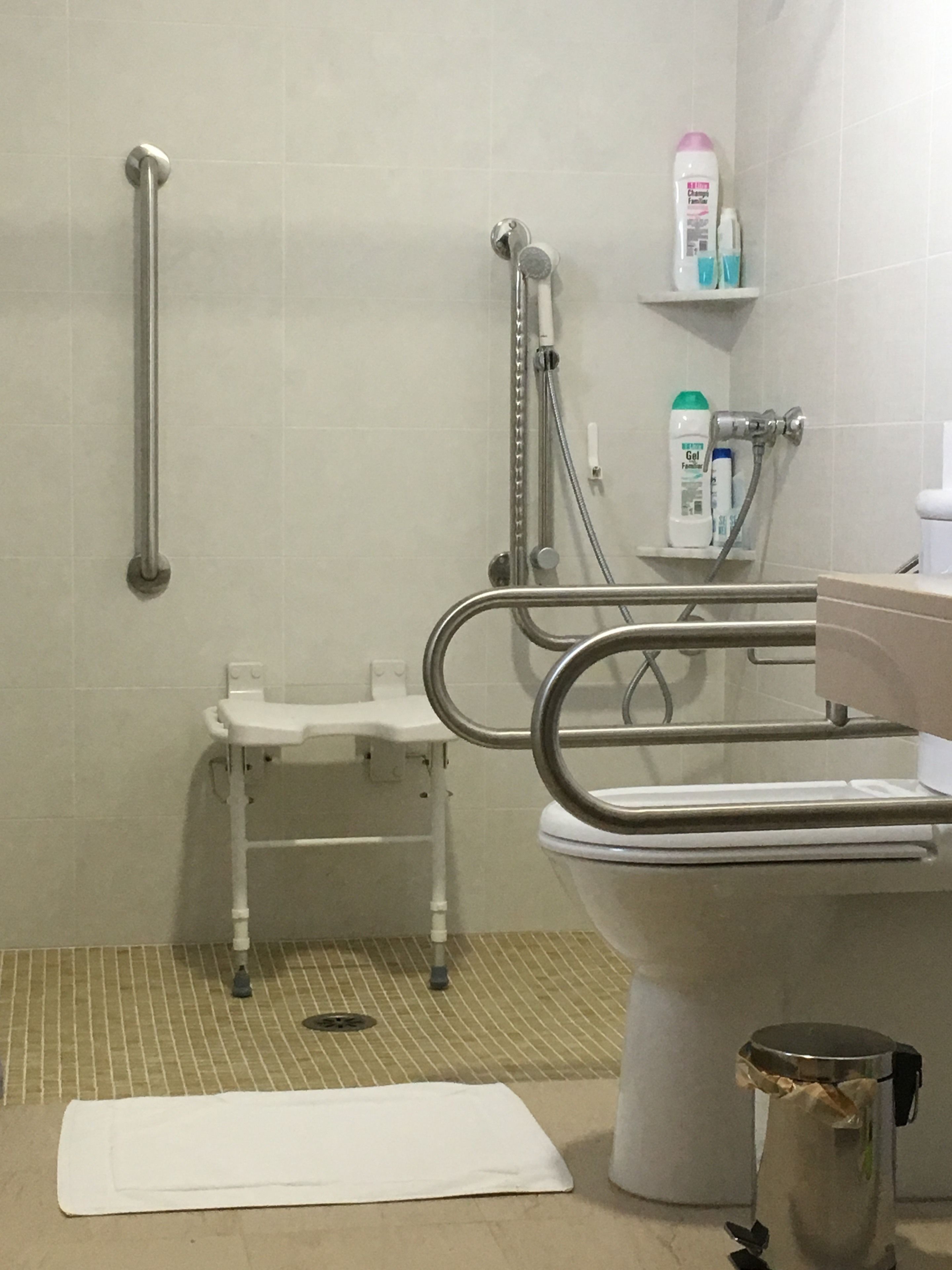 Une salle de bain équipée de toilettes accessibles aux personnes en fauteuil roulant, de barres d’appui et d’une douche avec un pommeau de douche amovible.